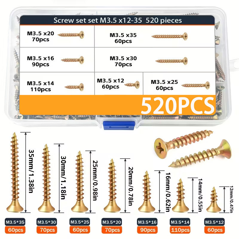 520 Chiếc Màu Kẽm Phillips Countersunk Đầu Tự Bắt Gỗ Vít Bộ Khô Tường Sợi Móng Tay Đóng Hộp QNK