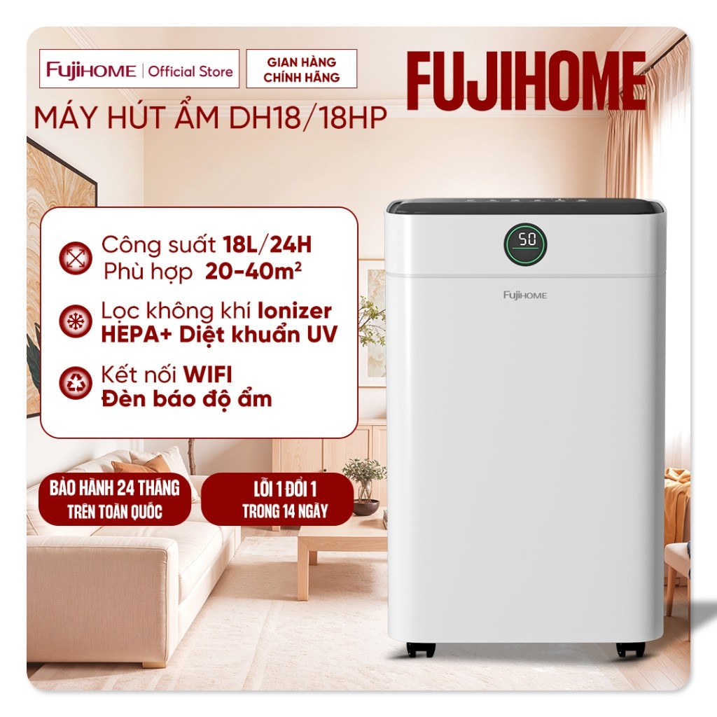Máy hút ẩm dân dụng 18 Lít/ ngày phòng 20-40m2 FUJIHOME DH18W-HEPA, kèm lọc không khí HEPA, kết nối 