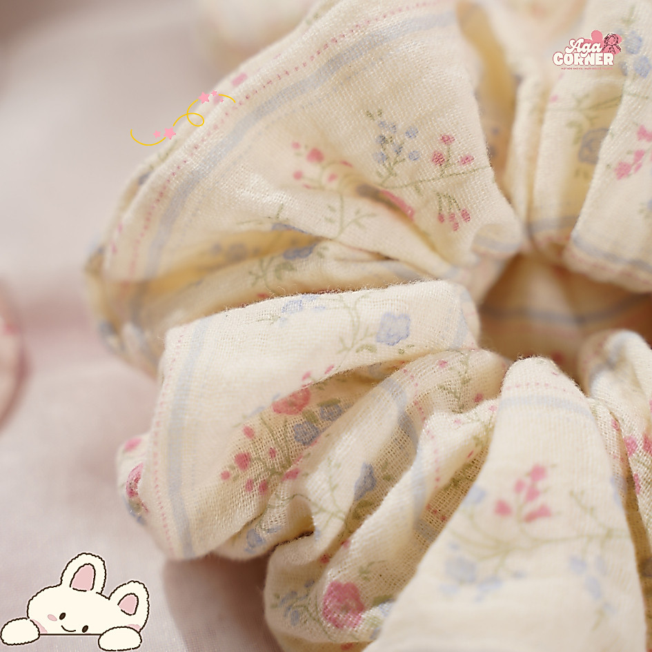 Scrunchies Muslin Hoa Nhí Hàn Quốc – Cột Tóc Nữ Vải Muslin Mềm Mại, Dây Buộc Tóc Pastel Dễ Thương