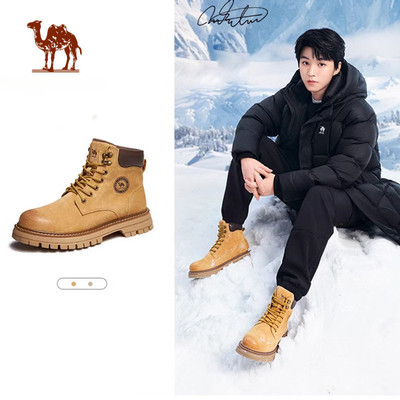 CAMEL CROWN  Martin Boots Nam Thu Đông Plus Nhung Giày bốt màu vàng Giày đi làm ngoài trời