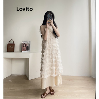 Lovito - Đầm Phối Lông Vũ Buộc Dây Sau Lưng Màu Trơn Boho L53AD104 (Màu Mơ)