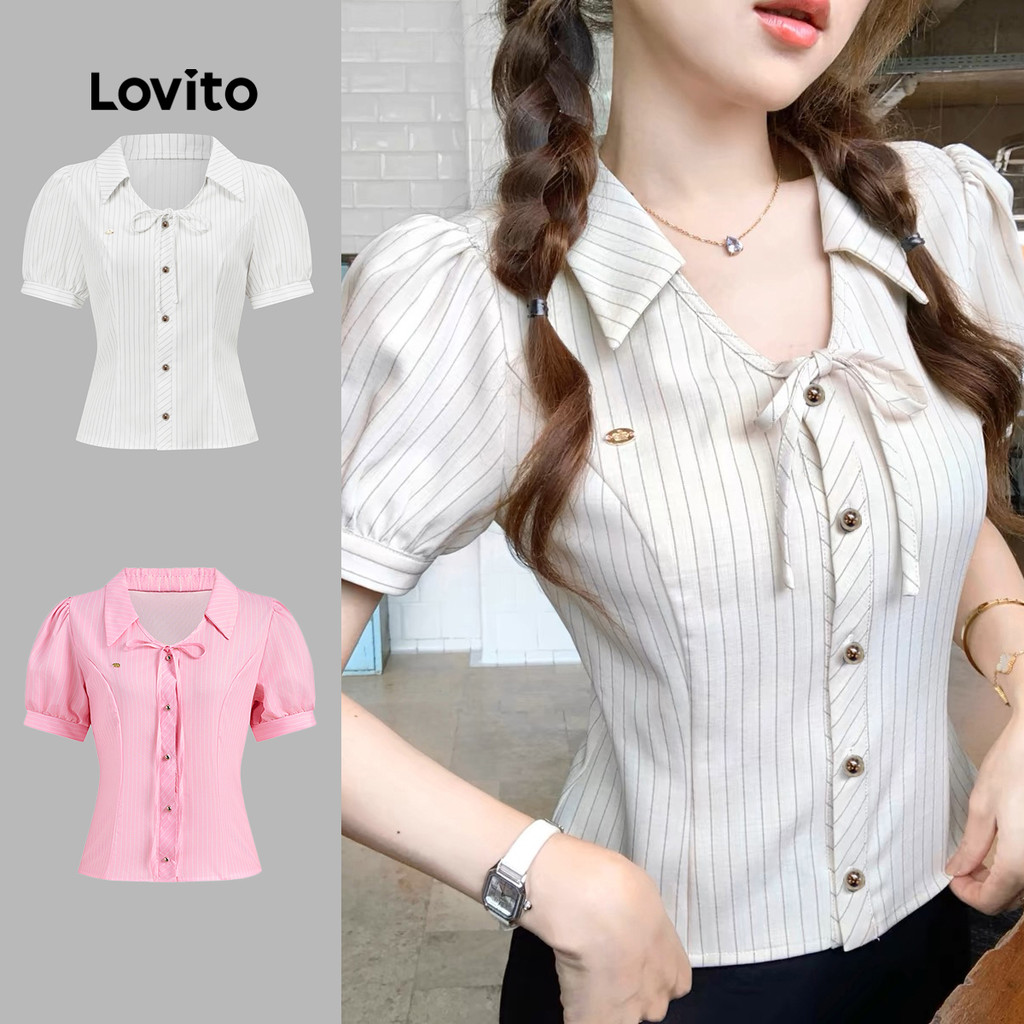 Áo kiểu nữ Lovito kim loại nút trước hoạ tiết sọc xinh xắn L110AD044
