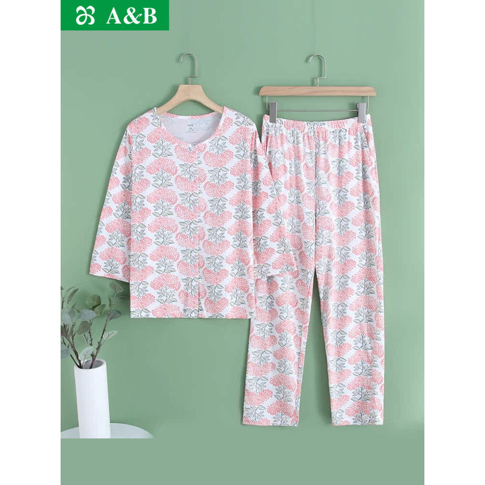 AB Mùa Hè Nguyên Chất Cotton Loungewear Nữ Trung Niên Người Cao Tuổi Rời Size Lớn Ba Phần Tư Tay Áo 