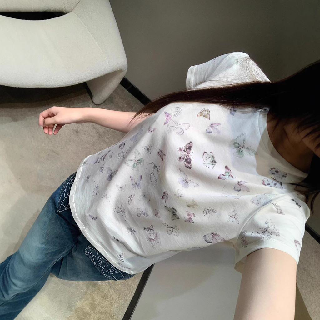 QJGM ~Nanyou Women's Clothing2026Early Spring D Butterfly print short-sleeve shirt T Women's cotton 