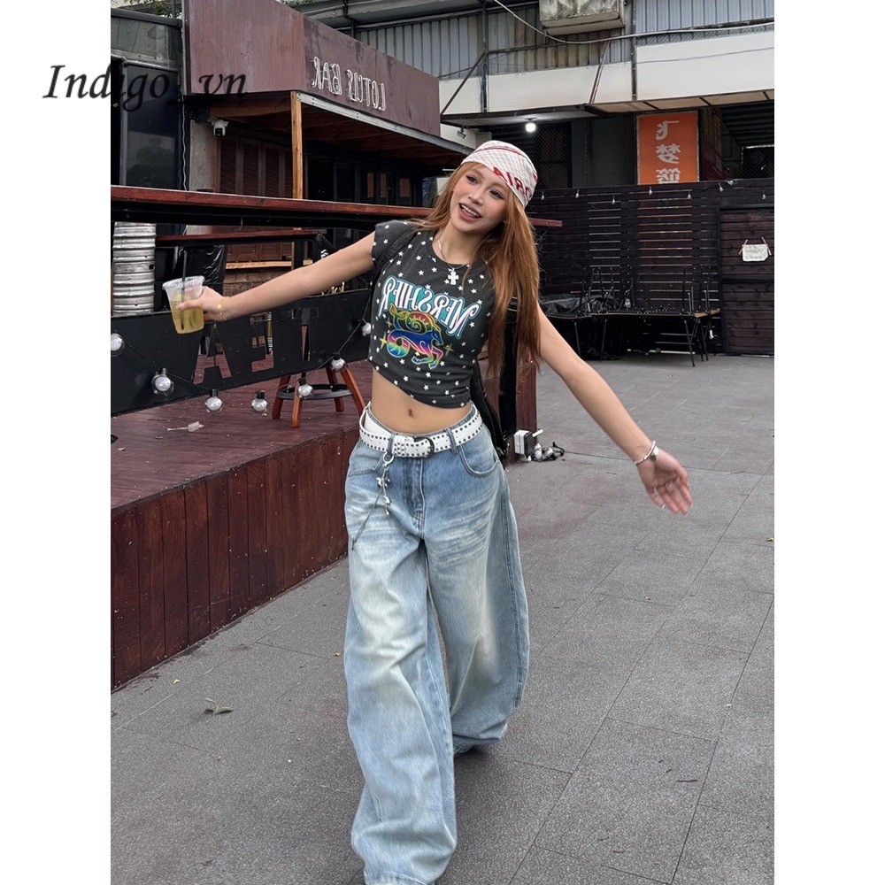【Indigo】 Quần Jean Machete Thêu Túi Màu Xanh Của Phụ Nữ Quần Ống Rộng