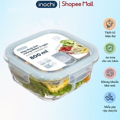 Hộp thủy tinh vuông 3 ngăn 800ml, chịu nhiệt, không rỉ nước, nắp kín, đựng cơm văn phòng tiện lợi.