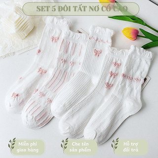 Set 5 Đôi Tất Trắng Cổ Cao Viền Bèo Họa Tiết Nơ Hoa Hồng Ngọt Ngào Phong Cách Tiểu Thư Hàn Quốc TT76