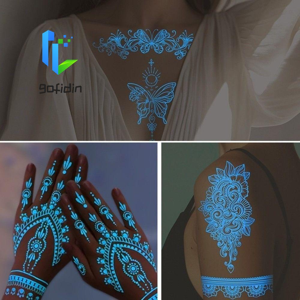GOFIDIN Dạ Quang Henna Hình Xăm Miếng Dán, Dụng Cụ Cưới Chân Tay Trắng Henna Hình Xăm Đề Can, Ren He
