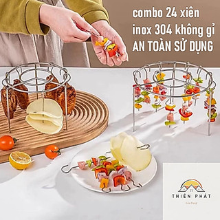 Giá Xiên Thịt Nướng Kèm 24 Que Xiên INOX 304 An Toàn, Combo 24 Xiên Thịt Nướng Cho Nồi Chiên Không Dầu