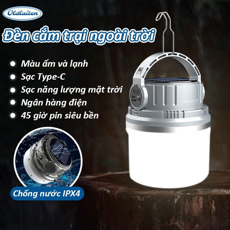 Đèn Cắm Trại Đèn - Bóng đèn tích điện Cổng Sạc type-c + Sạc NL Mặt Trời Chống Thấm Nước, Đèn pin siêu sáng
