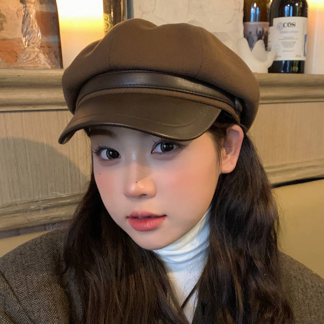 Newsboy Cap Big Head Circumference Octagonal Cap PU Leather Painter Cap Autumn Hat Female Beret 9ClT