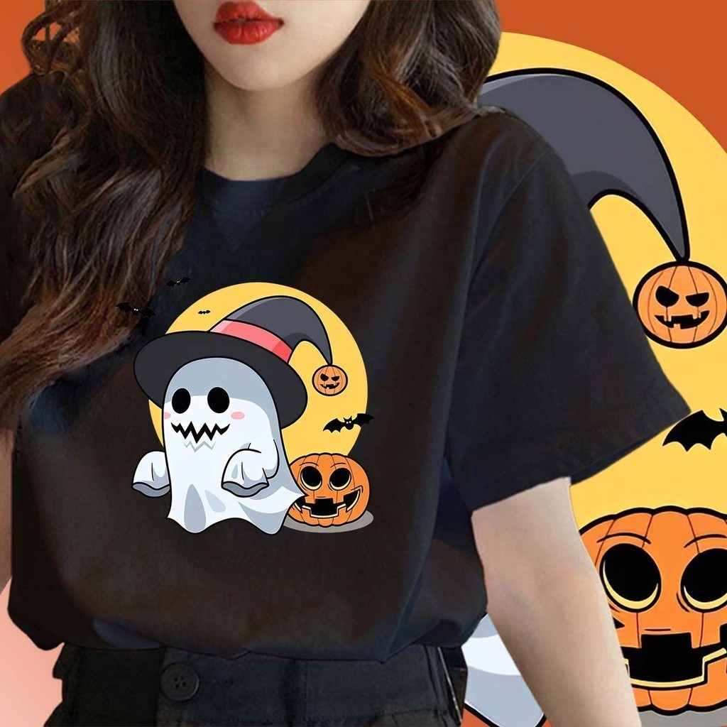 REOY _ STUDIO Nữ Hàn Quốc halloween Áo Sơ Mi Đen Vải Cao Cấp Cổ Tròn oversize Áo Thun Dễ Thương .92