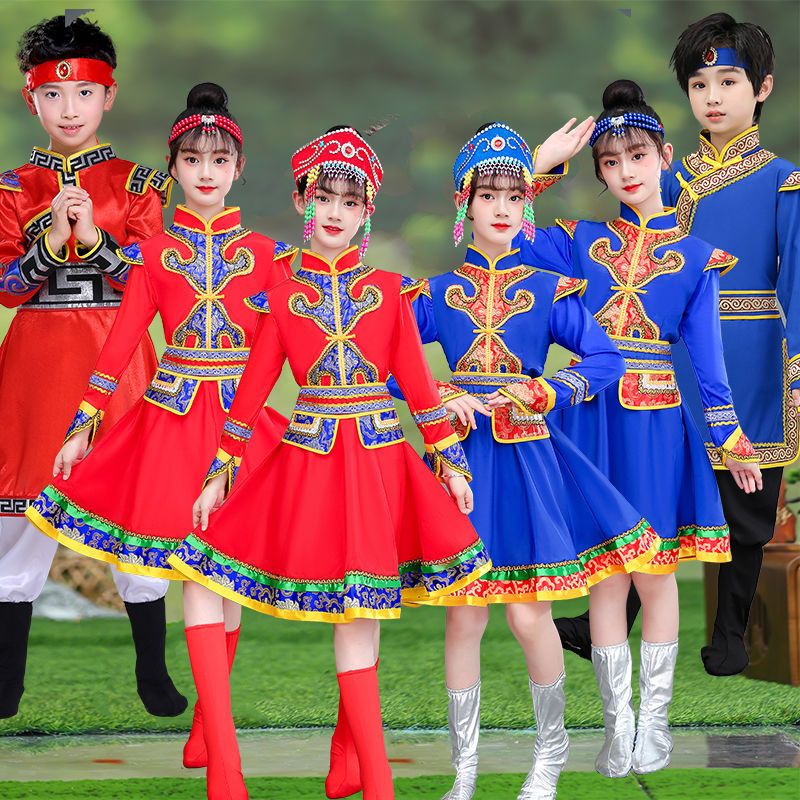 Mông Cổ Trang Phục Khiêu Vũ Trẻ Em Bé Gái Bé Trai Thiểu Số Dân Tộc Trang Phục Phong Cách Dân Tộc Trẻ