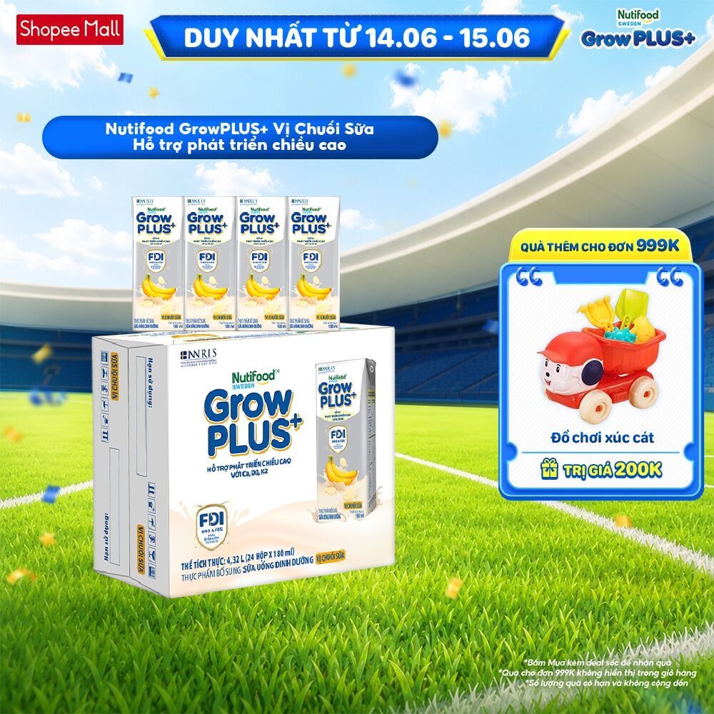 Thùng 24 hộp Sữa bột pha sẵn Nutifood Sweden GrowPLUS+ Vị Chuối Sữa hộp 180ml - Trên 1 tuổi (24 x 18