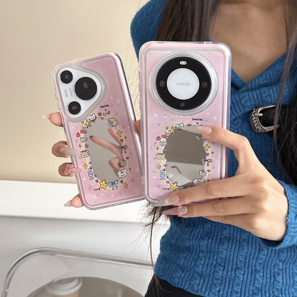 Ốp điện thoại bề mặt gương bánh màu hồng Gương trang điểm Vỏ bảo vệ nữ tính chống sốc cho Huawei Mat