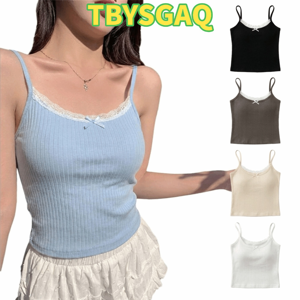 TWYSGAQ Ren Cami Top, Ren Viền Spaghetti Dây Đeo Spaghetti Tank, Ngọt Ngào Nơ Đan Màu Trơn Bralette 