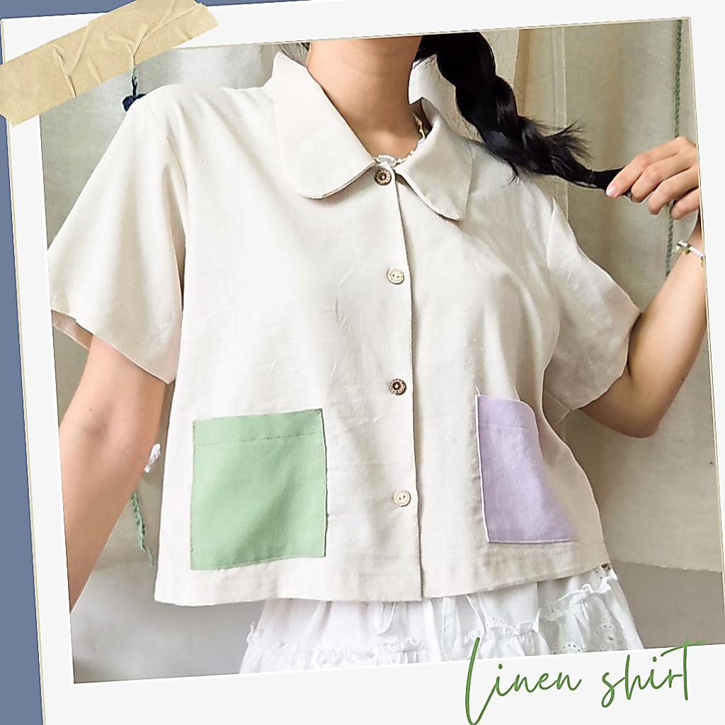 Áo sơmi linen tay ngắn dáng croptop - Penguin House