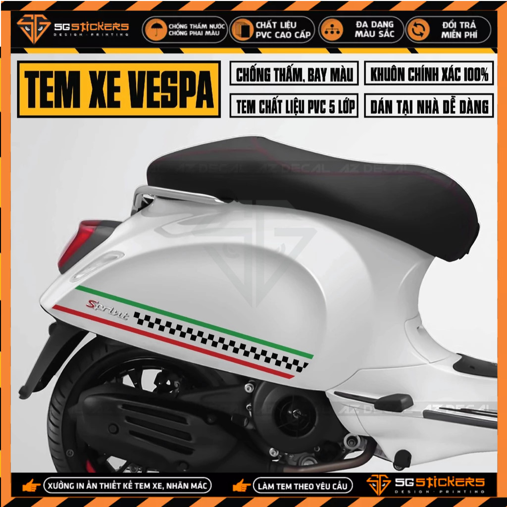 Tem Italia Xe Vespa Sprint/Primavera/GTS | VP04 | Tem Rời Xe Vespa Chất Liệu PVC Cao Cấp
