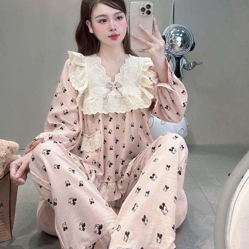 Sammy Bộ Mặc Nhà Cổ V Viền ren bản to chất liệu Đũi Vân mây hoạ tiết xinh xắn dễ thương cho Nữ DD22 Sammy nhiều màu sắc | BigBuy360 - bigbuy360.vn