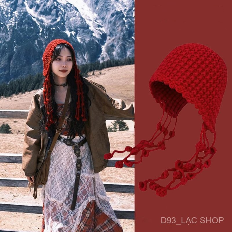 Mũ len đan rỗng thủ công có tua rua, mũ len ấm cho phụ nữ, bảo vệ tai, mũ len đan, mũ lạnh