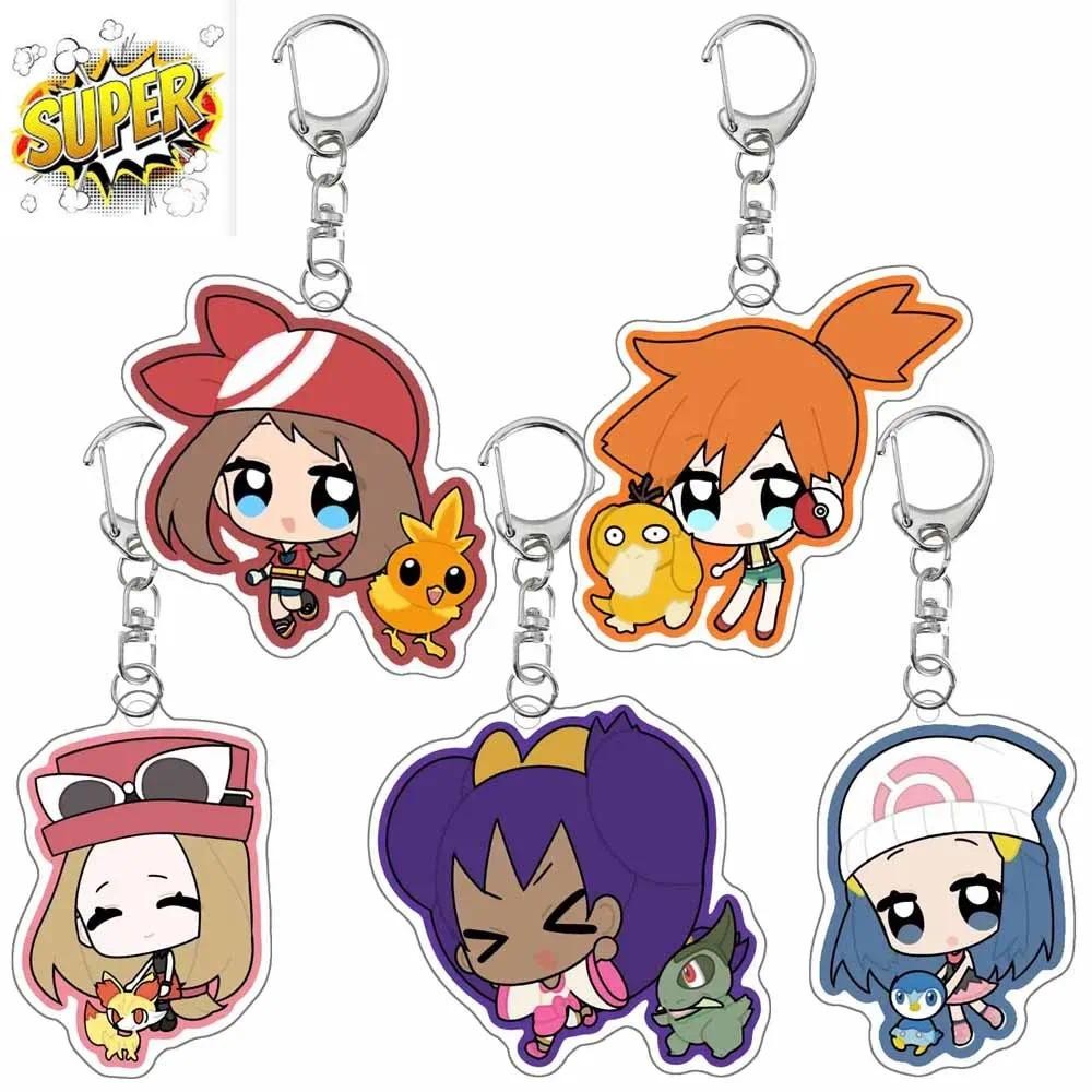 Pokemon Anime Cartoon Acrylic Key Chain Dawn Misty May Iris Serena Piplup Psyduck Torchic Fennekin
