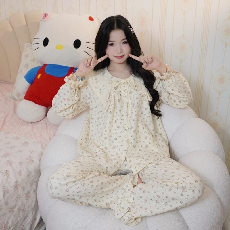 Đũi hàn dài tay bộ ngủ dài tay nữ tiểu thư cổ nhọn bèo vải đũi mùa hè mặc đi ngủ mát mẻ thoải mái Women Quần Ngủ Áo Ngủ | BigBuy360 - bigbuy360.vn