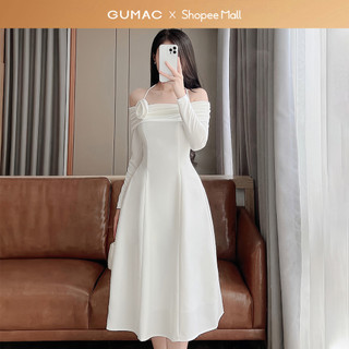 Đầm nữ GUMAC A xòe 2 lớp màu trắng tay dài trễ vai phối hoa thủ công  DE08086