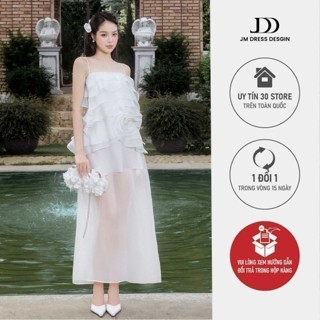 Đầm 2 dây dáng dài bèo xoắn hoa 1P12.2505OG. Đầm tiệc trắng dáng dài phong cách nàng thơ lãng mạn bởi JM Dress Design