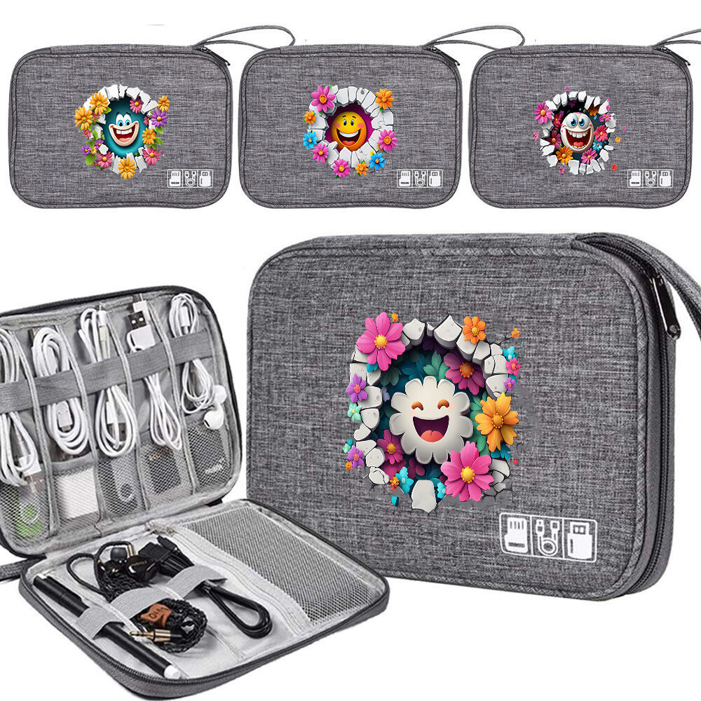 Lightweight USB Cord Carry Case Double Layer Elastic Band Electronics Storage Bag Smile series