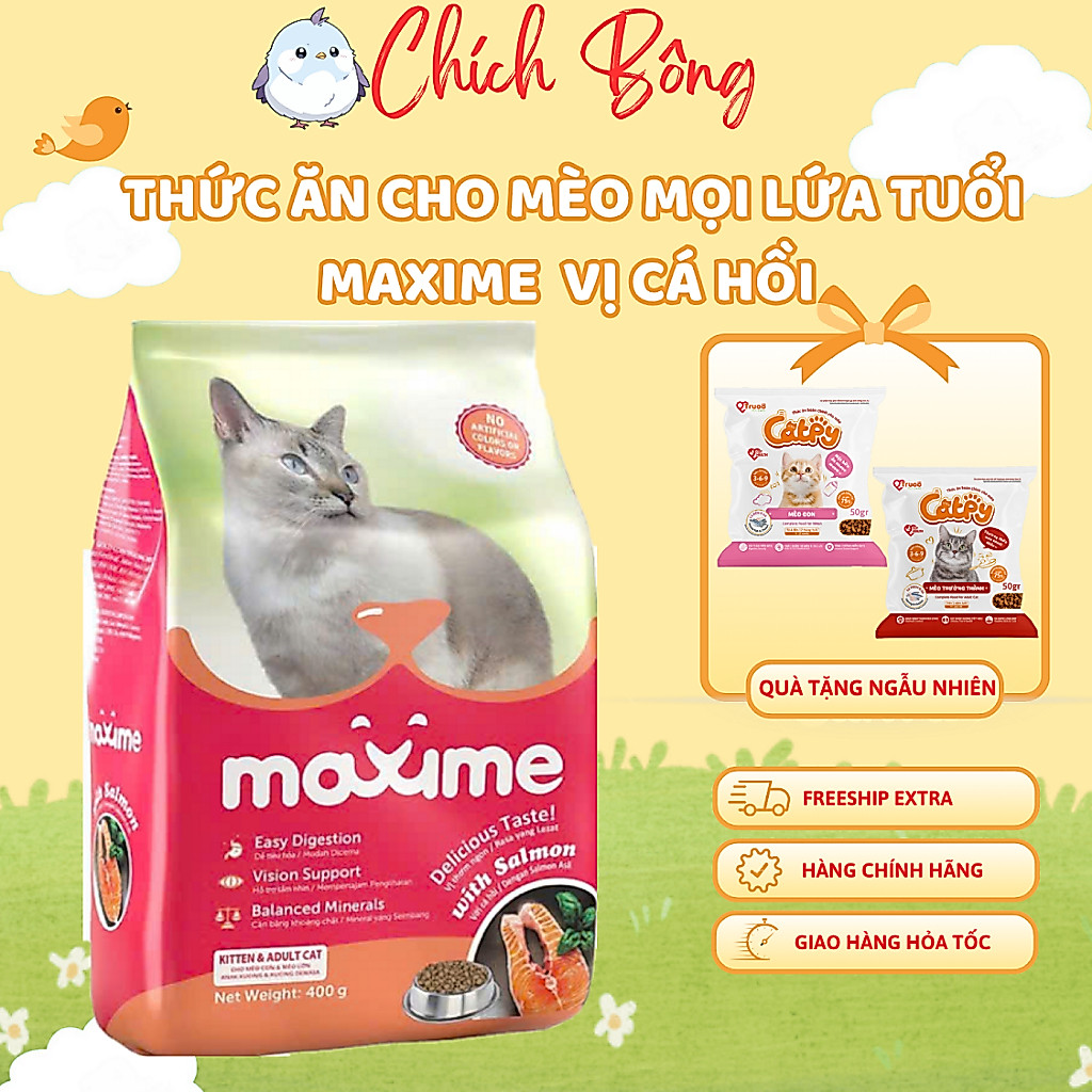 Thức ăn cho mèo vị cá hồi maxime, thức ăn cho mèo mọi lứa tuổi vị cá hồi maxime, hạt cho mèo maxime