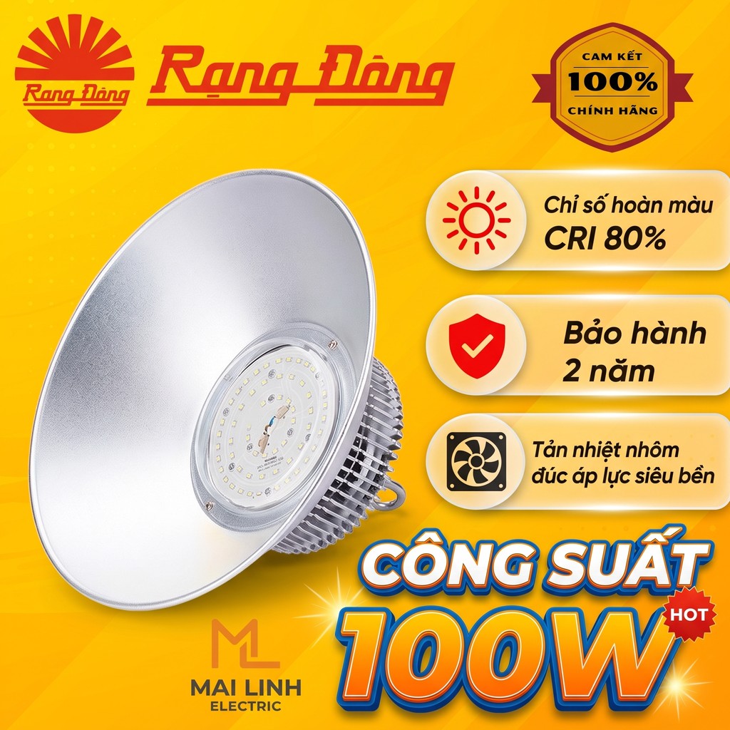 (Chính Hãng Rạng Đông) Đèn led Highbay nhà xưởng 100W (Nhôm Đúc)- Tản nhiệt, chiếu sáng liên tục Mod