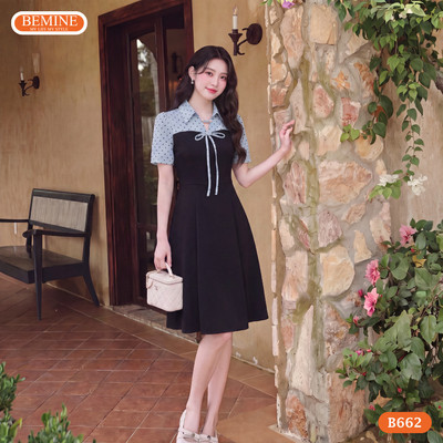 Đầm thiết kế BEMINE cổ sơ mi phối chấm bi dáng chữ A phù hợp đi làm-B662