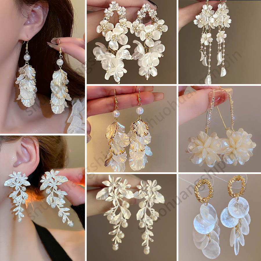 Cao Cấp Bông Tai Ngọc Trai Hoa Dài Tua Rua Phong Cách Mới