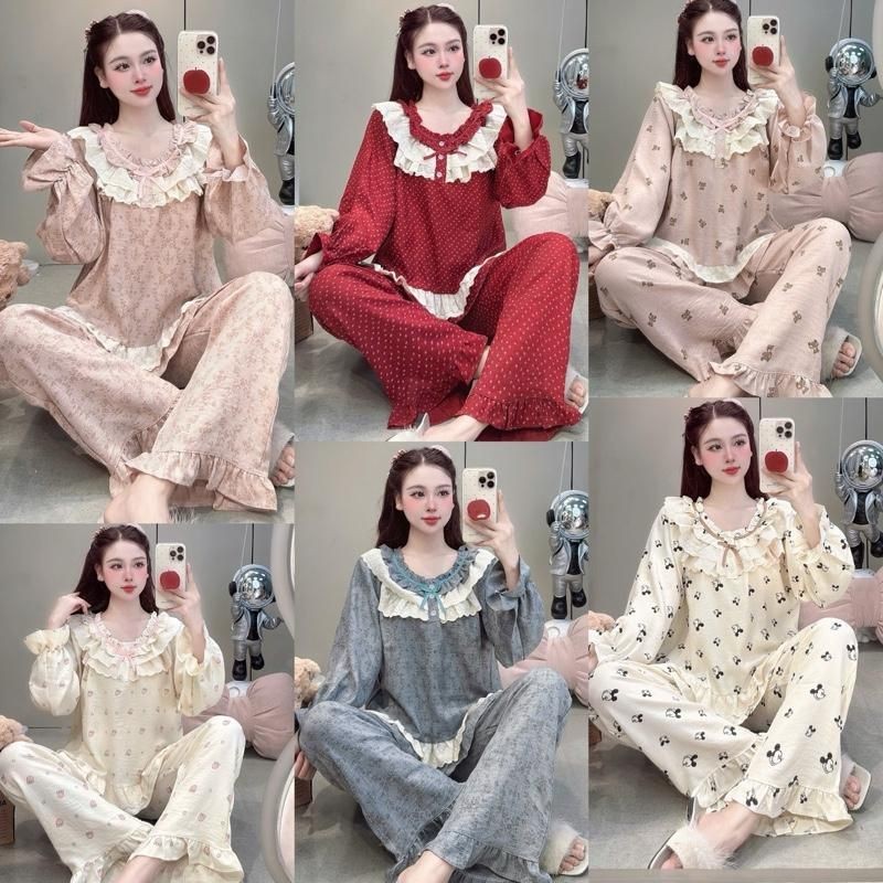 Sammy Bộ Mặc Nhà Cổ Bèo Ren Kép Chất Liệu Đũi Vân Mây Mềm Đẹp Hoạ Tiết Xinh Xắn Cho Nữ DD198