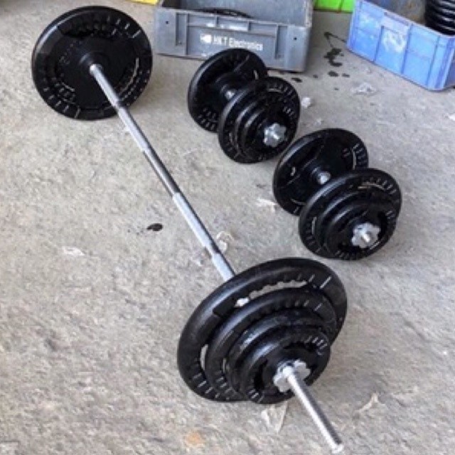 Bộ 60kg Tạ Tay Kết Hợp Tạ Đẩy ( 60kg Tạ Gang , 2 Đòn Tay 35cm, 1 Đòn Dài 1.8m ) Tặng Găng Tay Tập Gy