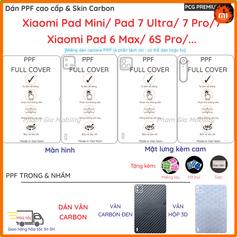 Dán PPF & Skin Carbon Xiaomi Pad Mini (K Pad) Mi Pad 7 Pad7 Ultra Pad6 6 6S Pro Max cho màn hình, mặ