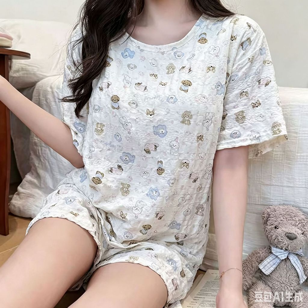 Bộ Đồ Ngủ Cotton Yunduo Phong Cách Nóng Bỏng Douyin Trực Tiếp Quần Short Ngắn Tay Nữ Quần Áo Mặc Nhà