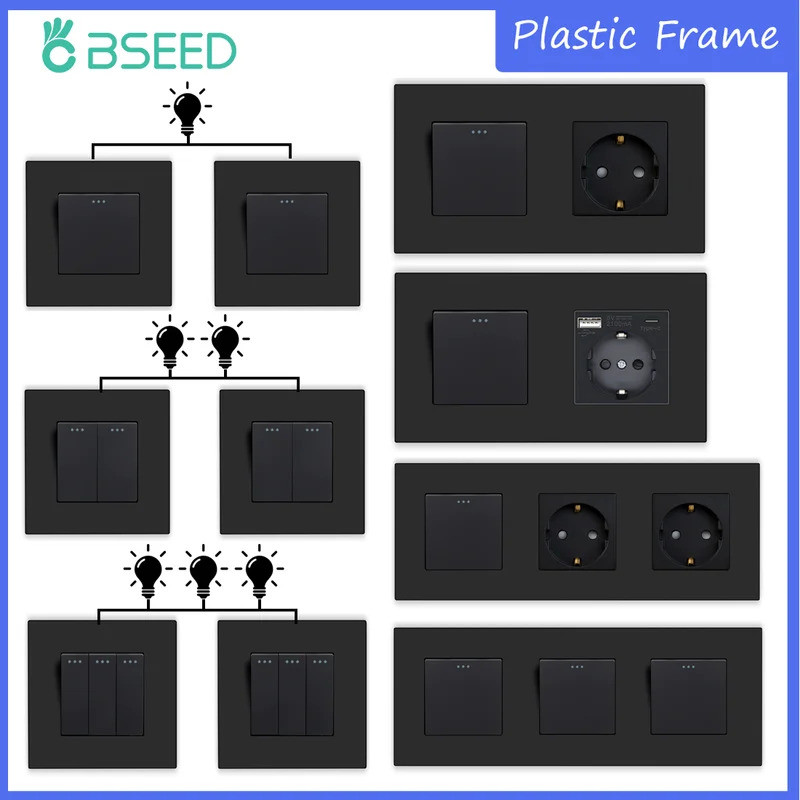 BSEED 1 / 2 / 3Gang Nút Cơ Công Tắc 2 Chiều Cho Cầu Thang Plus EU Ổ Cắm USB Type-c Cổng Nguồn Khung 