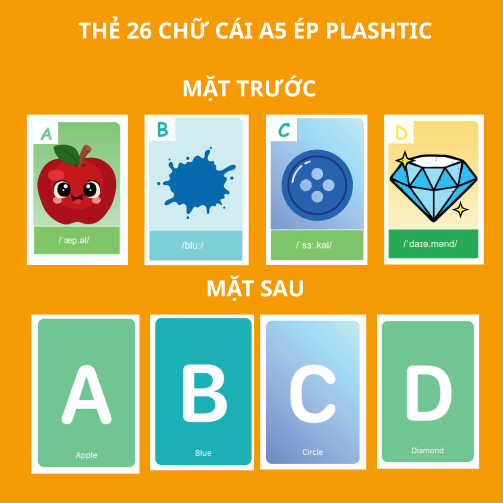 Bộ 26 thẻ Chữ Cái Tiếng Anh A5 Ép Plastic – Flashcard Alphabet Cho Bé Kèm Từ Vựng, phiên âm & Hình Ả