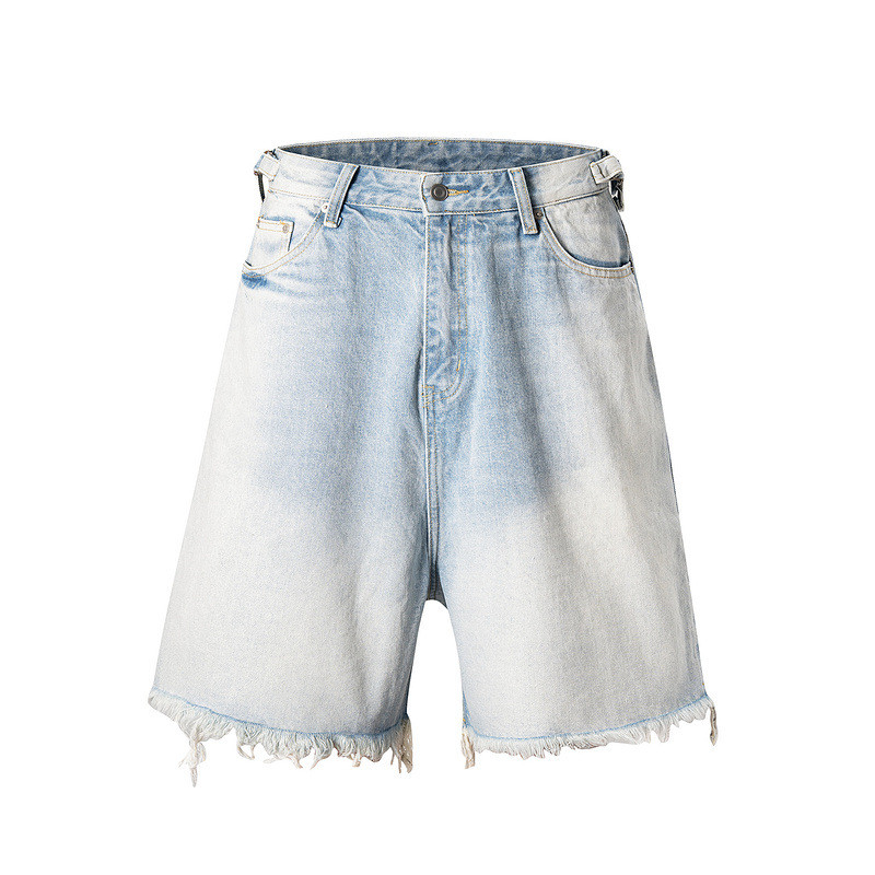 9OLZ American-style streetwear washed fringed raw edge denim shorts, unisex vintage loose casual kne
