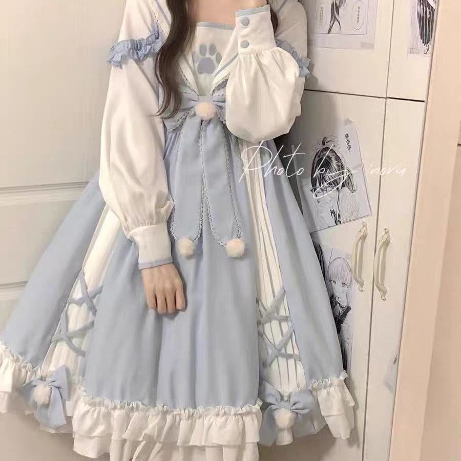 Kích thước cực lớn OP Lolita Lolita Váy nữ sinh phong cách soft girl lolita Váy dài tay dễ thương