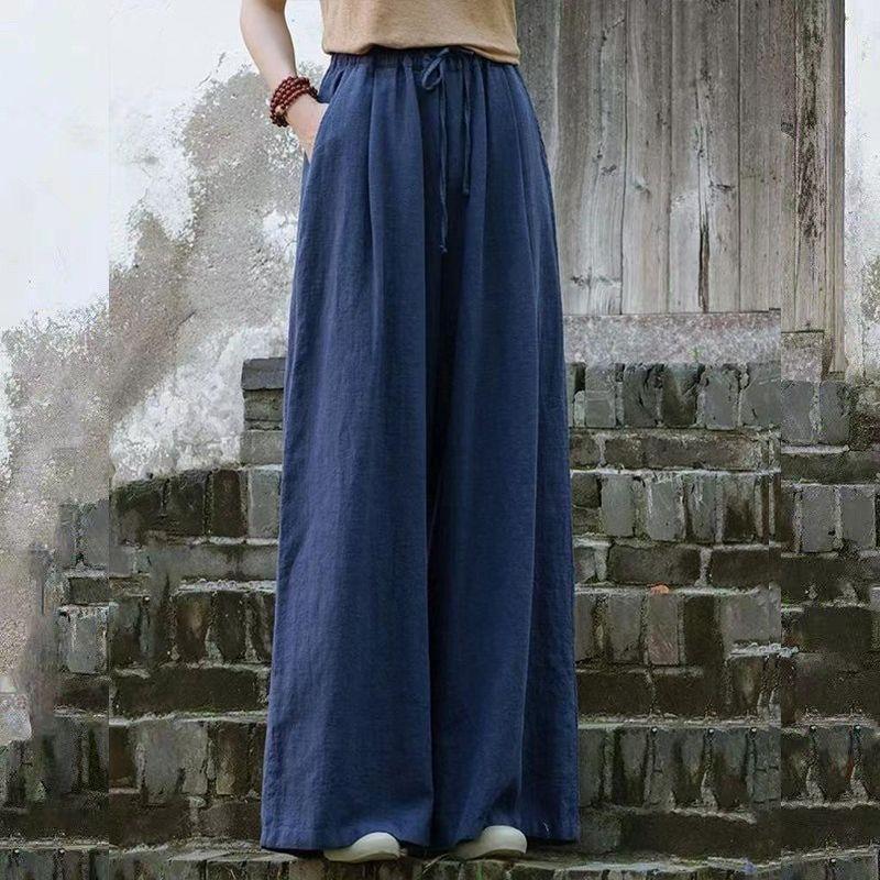 [Hàng mới về] Mùa hè vải lanh Cotton mỏng dáng rộng cỡ lớn Quần ống rộng dành cho nữ eo cao dáng rộng phù hợp với dáng ôm văn học