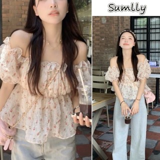  Áo sơ mi nữ tay ngắn họa tiết hoa giản dị tay phồng trễ vai dễ thương áo sơ mi voan nhún bèo 