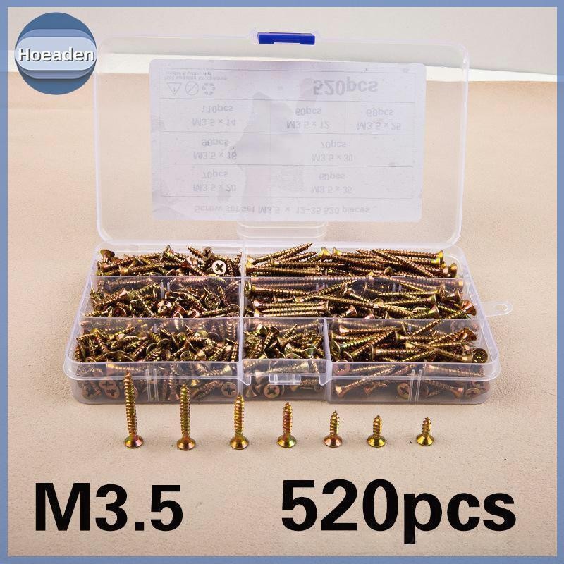 Hoeaden 520 Cái M3.5 Đầu chìm Bộ vít tự khai thác Bộ vít mạ kẽm màu cho chế biến gỗ Trang trí nhà cử