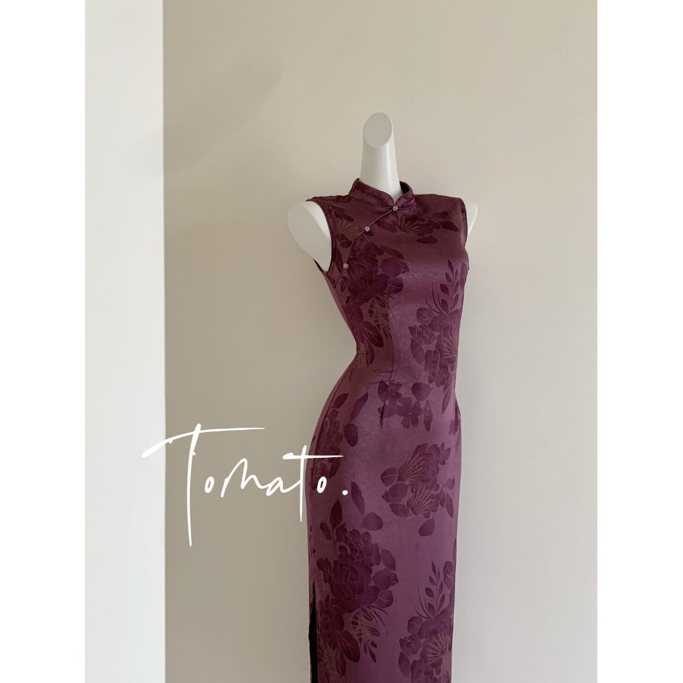 Đầm kiểu Trung Hoa mới phong cách cheongsam thanh lịch không tay, đầm satin tím cho Nữ