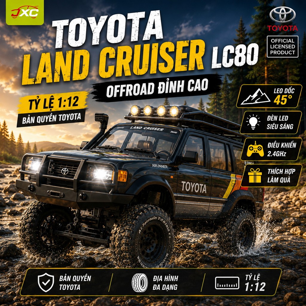 Xe Đồ Chơi Offroad 1:12 Toyota LC80 RC 2.4G Tầm 50m 20kg Servo Chống Nước Địa Hình Bùn Đá