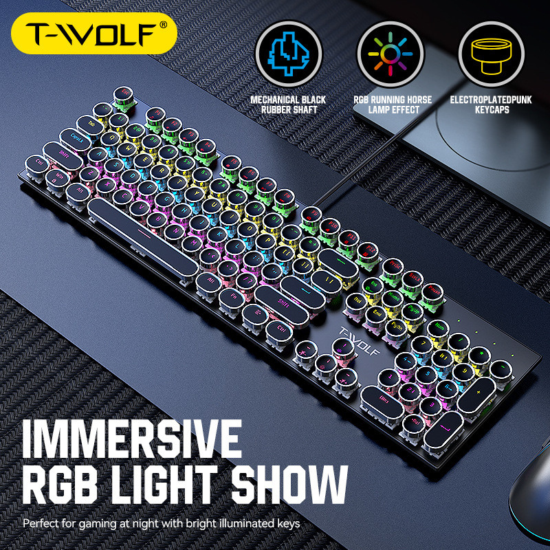 T-WOLF Thunder WOLF T75 Bàn Phím Cơ Trục Xanh Trò Chơi Chơi Game RGB Dạ Quang Punk Tròn Keycap Bảng 