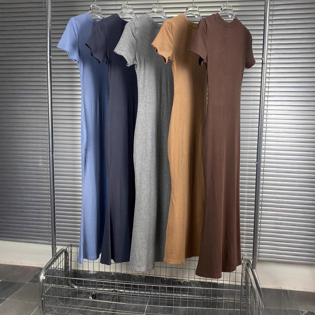 SKIMS NEW VINTAGE Long DRESS Slit Ribbed Bodycon Dress Short Sleeve Long Dress