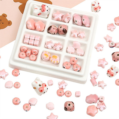 1-10 Chiếc Màu Hồng Series Với Nhiều Hình Dạng Gốm Sứ Hạt Bóng Gấu Ngôi Sao Trái Tim Hoa Hạt Quyến Rũ Cho Vòng Cổ Vòng Tay DIY Trang Sức Làm Accessori