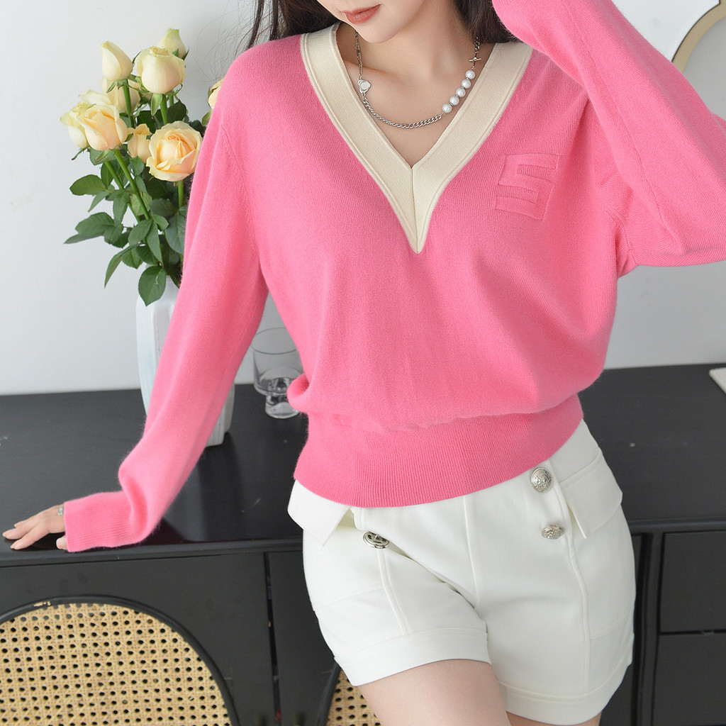 91GT 23New Spring Women's Clothing in French Design with Pink and White Contrasting Colors V Casual 